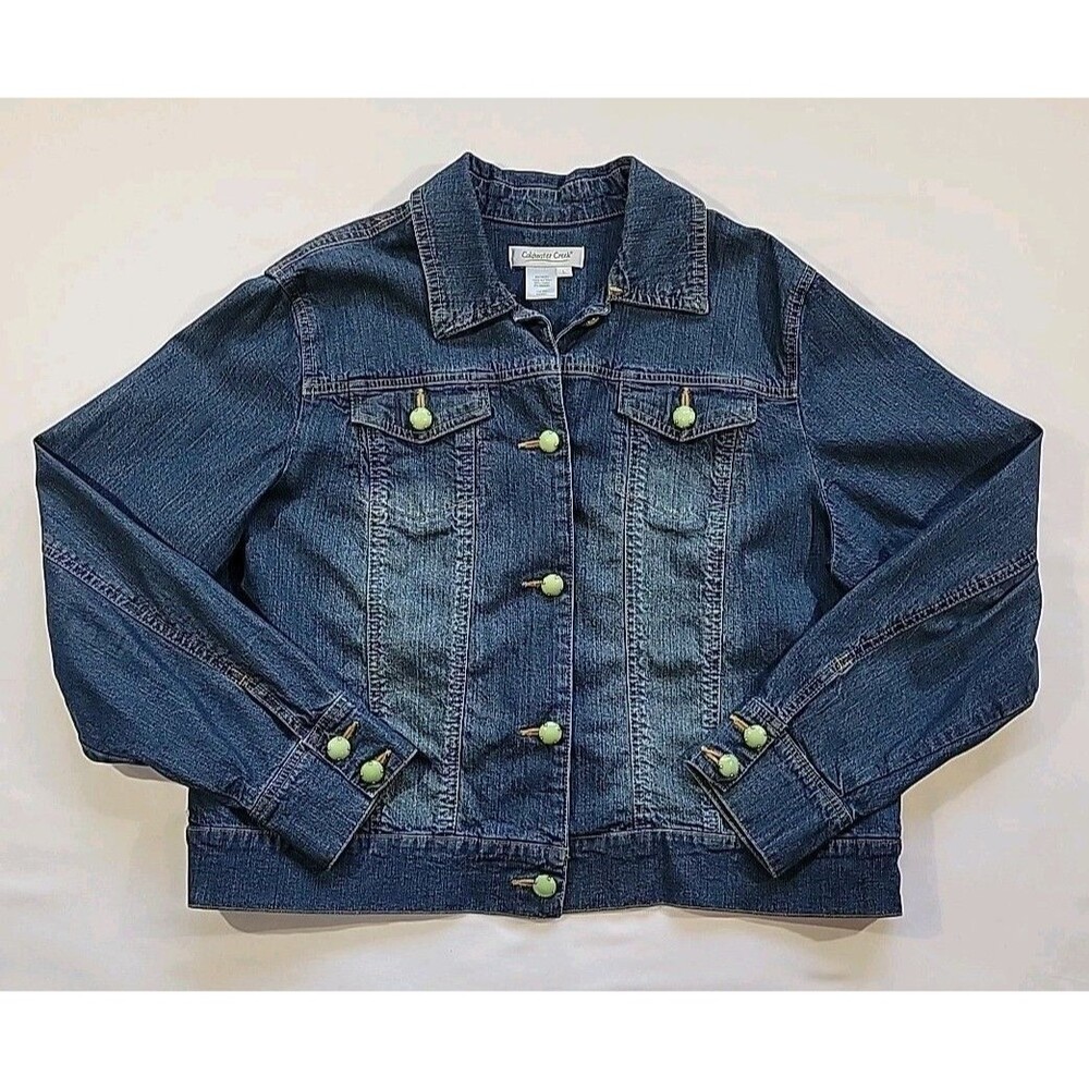 Coldwater Creek Denim Jacket Green Jeweled Buttons Southwestern Boho Size Large
